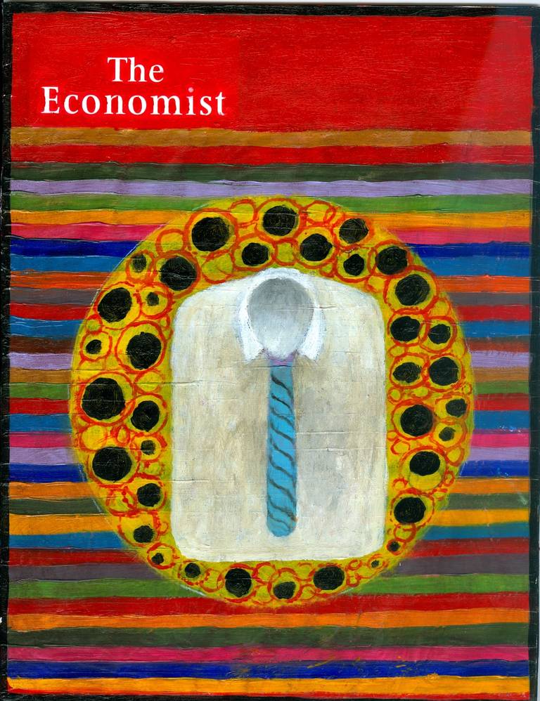 Cindy Kane Still-Life Painting - White Shirt on The Economist, acrylic painting on magazine 