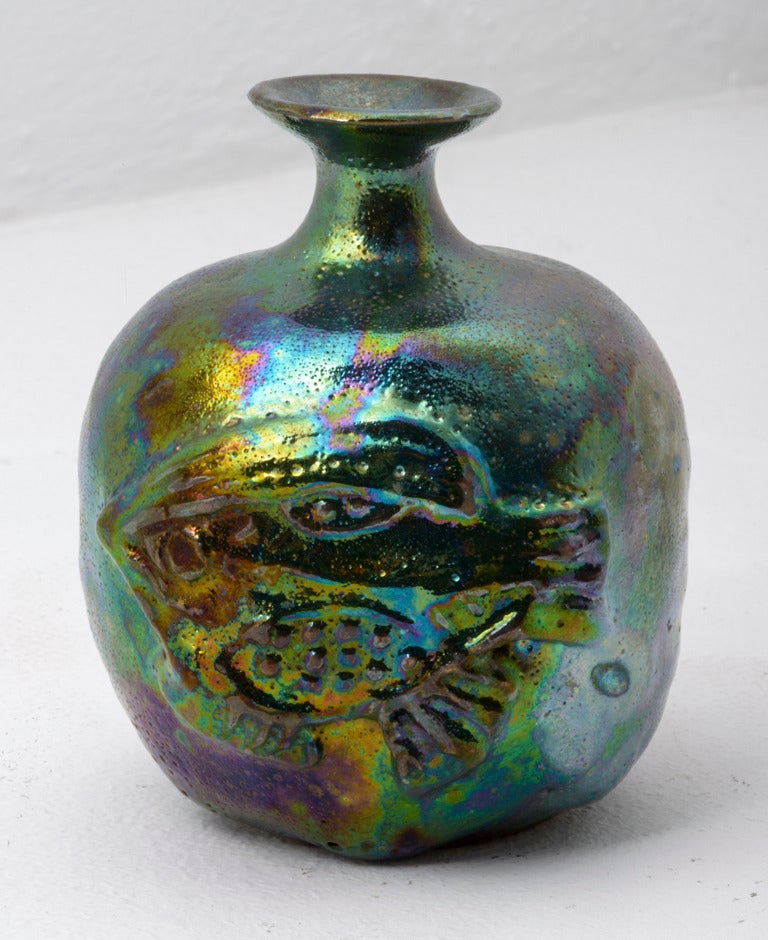 Beatrice Wood Figurative Sculpture - Blue Green Lustre Bottle with Fish,