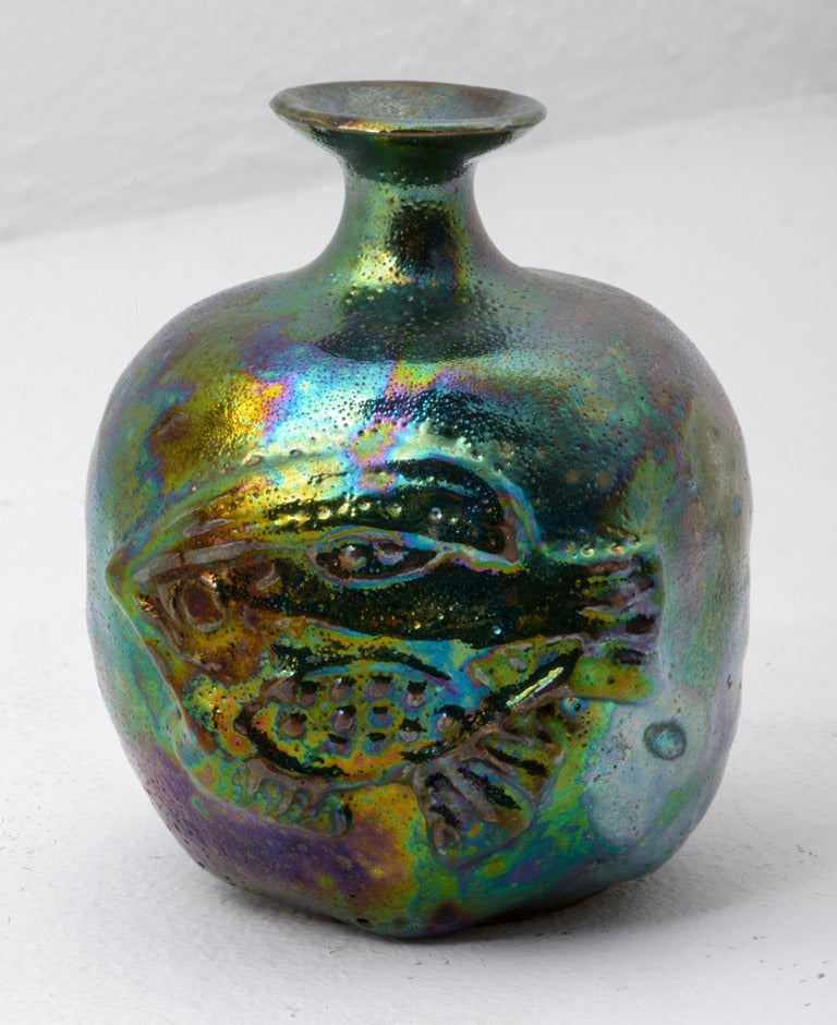 Beatrice Wood Blue Green Lustre Bottle with Fish, For Sale at 1stDibs