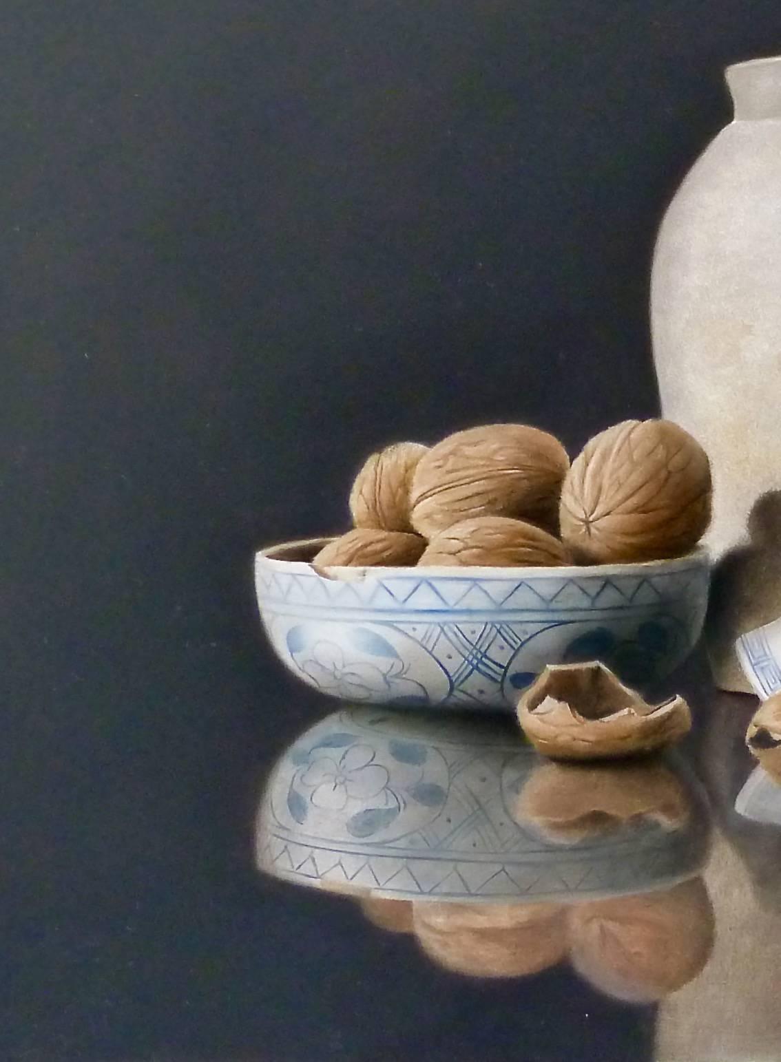 Pot, Delft Blue Bowl, and Walnuts, still-life painting - American Realist Art by Gershom