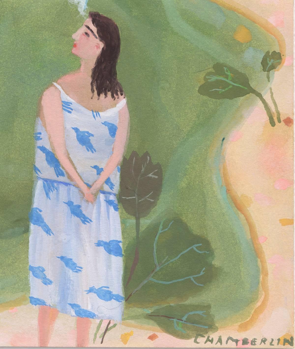 Birdie Dress, gouache painting  - Folk Art Painting by Ann Chamberlin