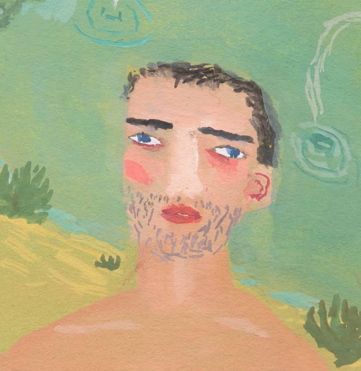 Man with his Head in a Pond, gouache painting  - Contemporary Painting by Ann Chamberlin