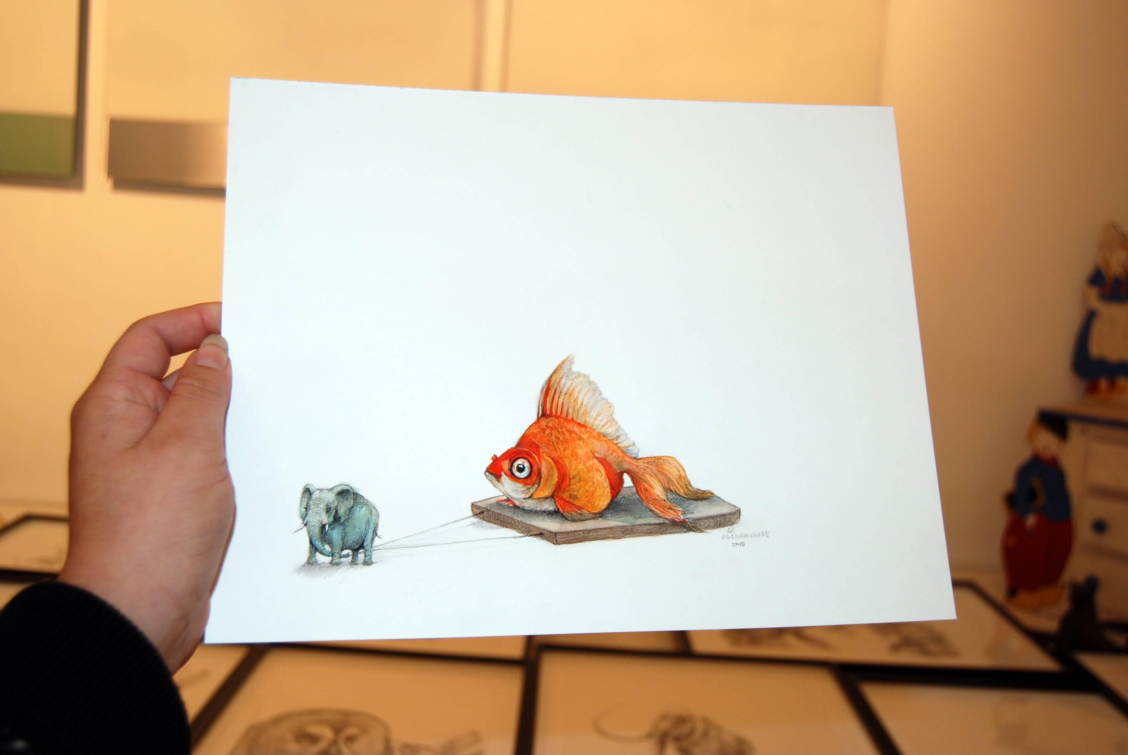 Lazy Fish Drawing, with watercolor  - Academic Art by Adonna Khare