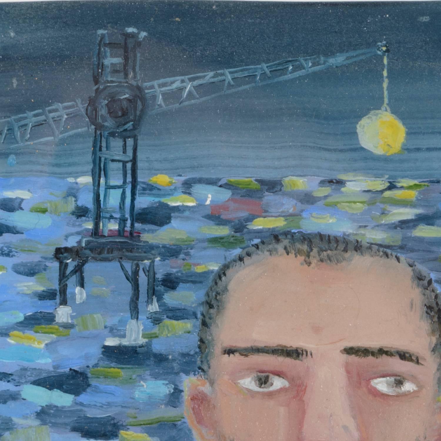 Shipwrecked Man & Artificial Moon - Contemporary Painting by Ann Chamberlin