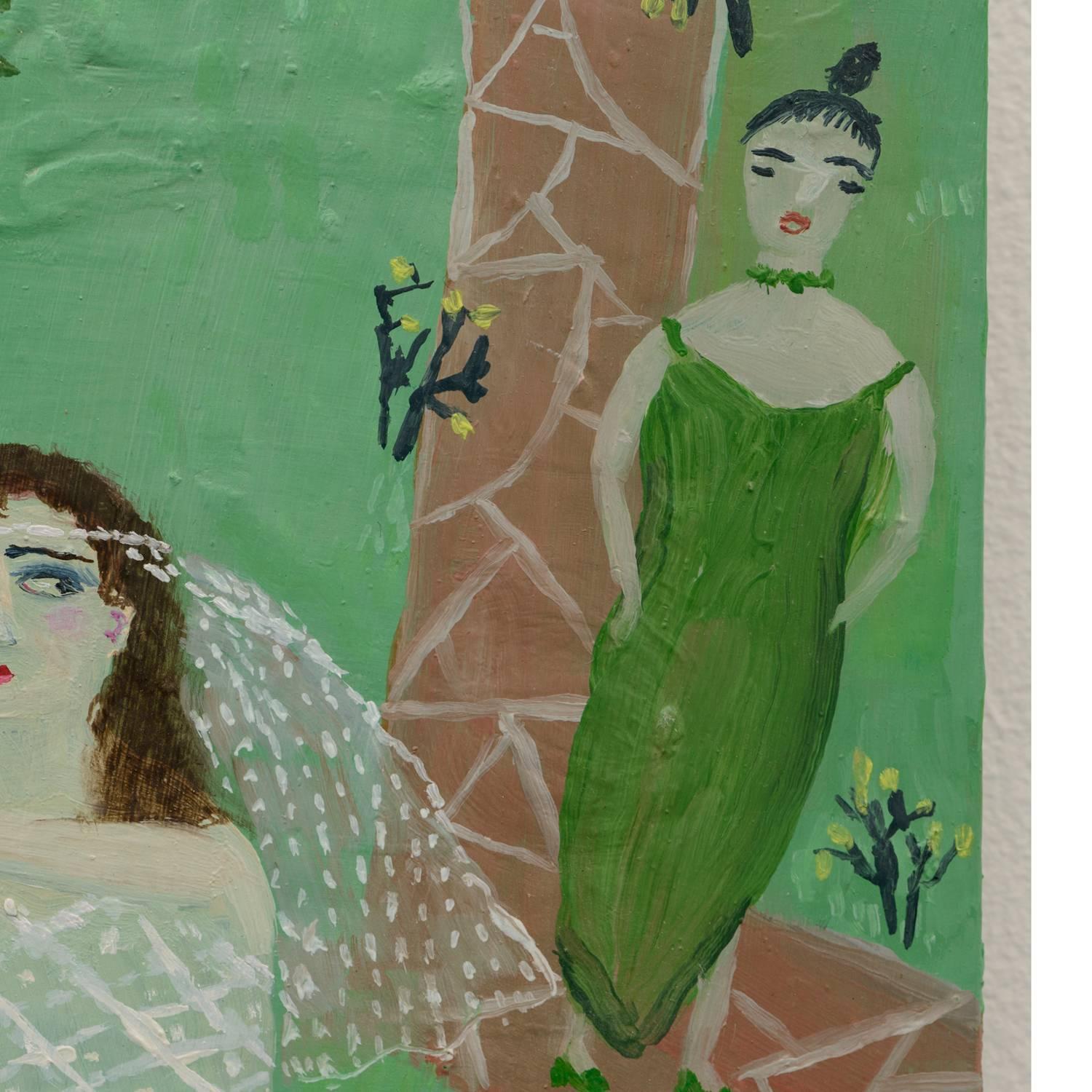 Telenovela Bride, oil painting  - Green Figurative Painting by Ann Chamberlin