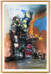 Cars Burning on Beach, pastel drawing of a pileup 6