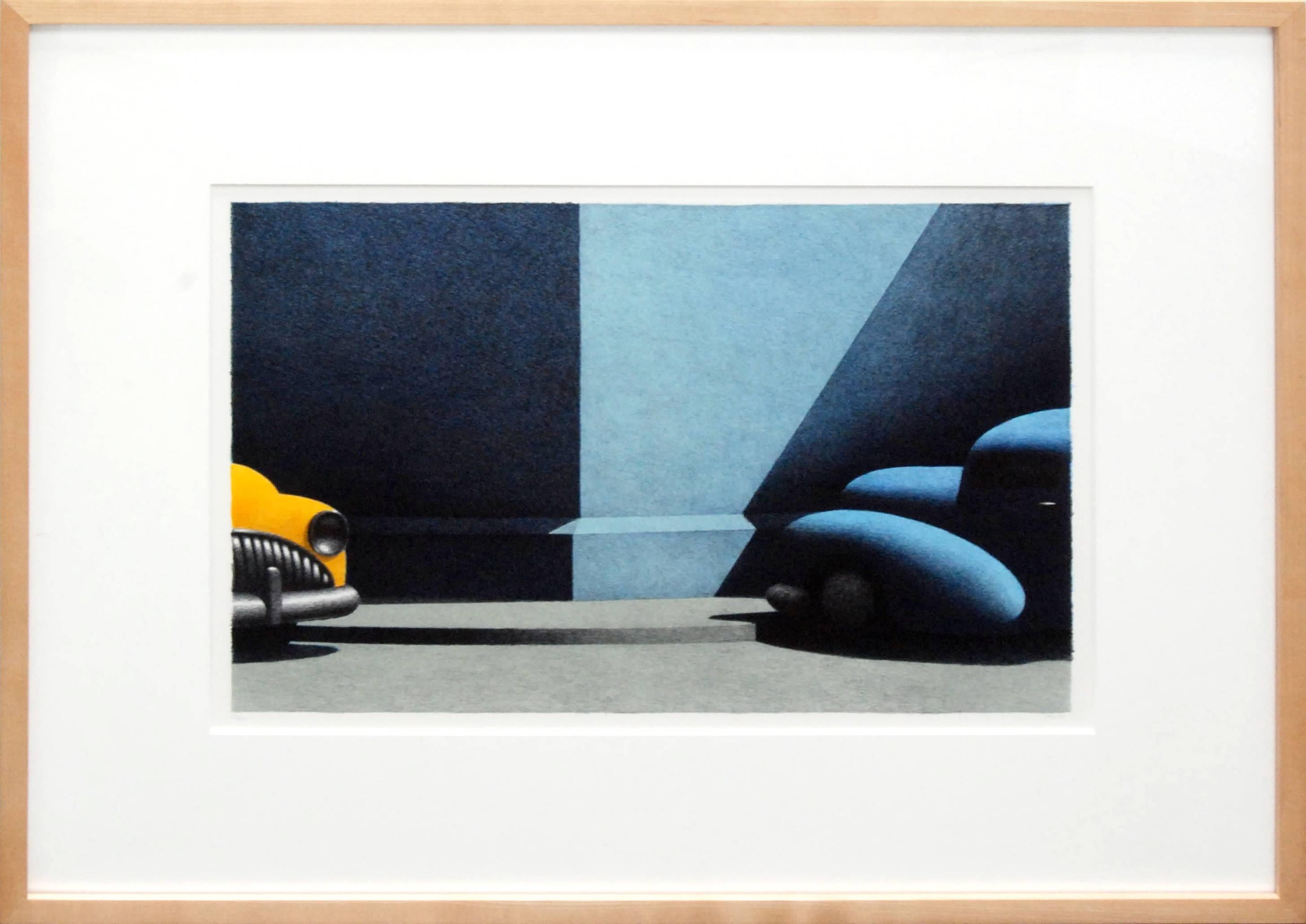 Short Symphony, hand colored lithograph of vintage cars - Black Still-Life Print by Michael Chapman