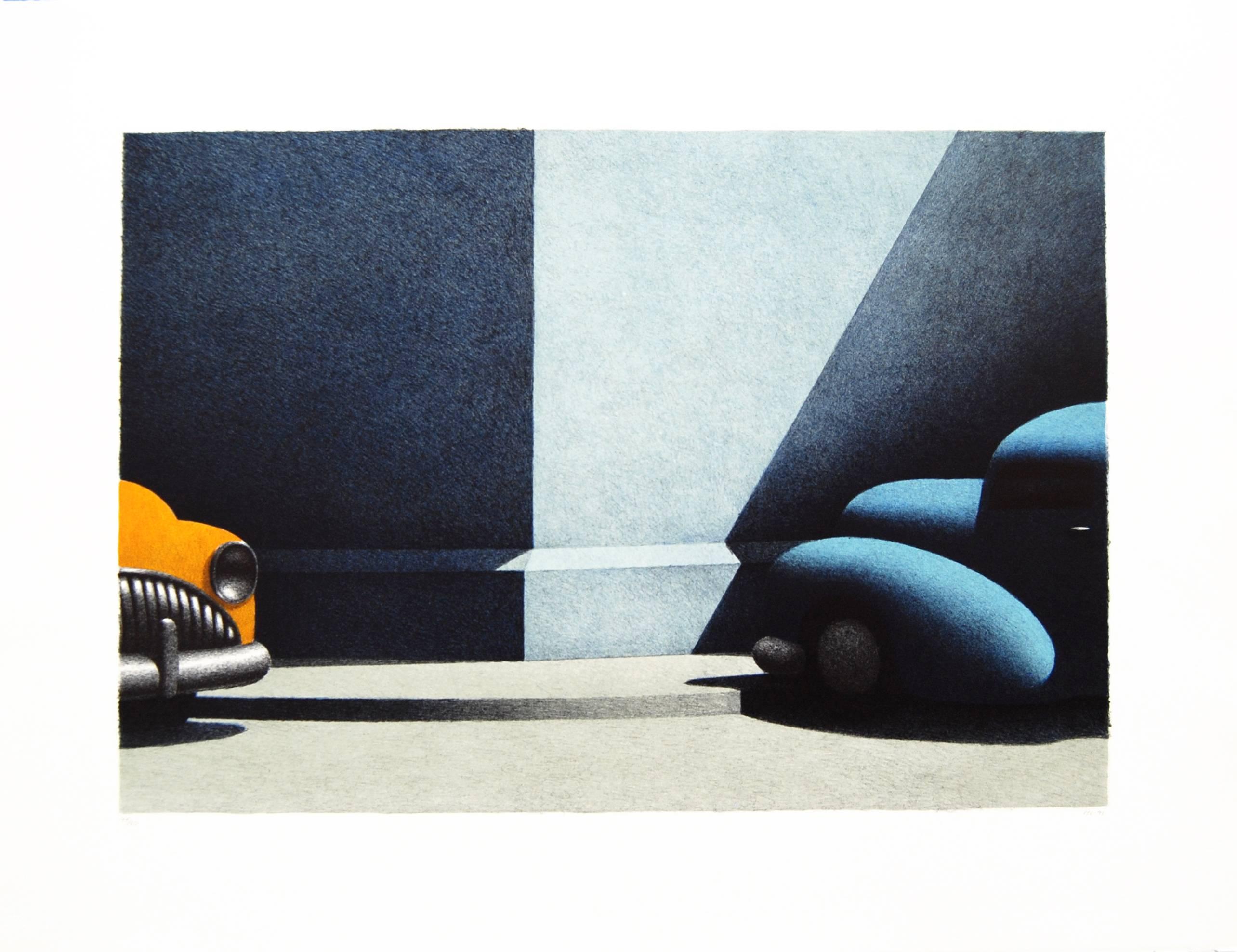 Michael Chapman 
4 color lithograph with watercolor, edition: 50
21 x 28"

Michael Chapman is an American artist. He strives to capture the transitory nature of life--cars speeding by, deserted streets, etc. His influences include Edward