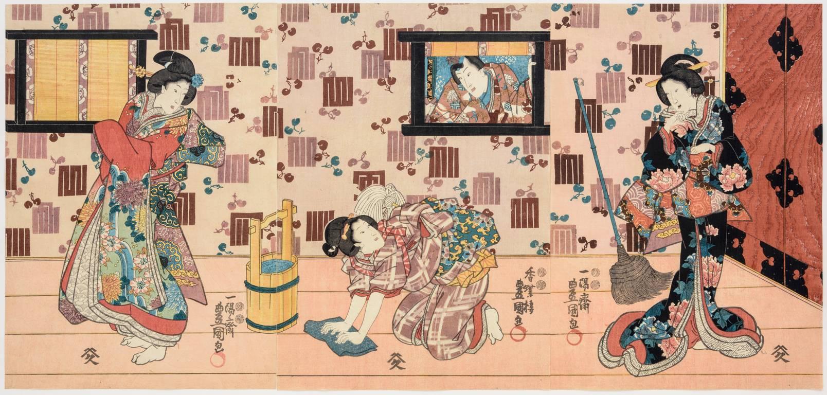 Utagawa Kunisada (Toyokuni III) Figurative Print - Scene from "Nise murasaki inaka Genji" (triptych), ca. 1847