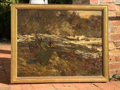 Pre-Raphaelite Maiden and Moonlit River, Castle Douglas, oil painting, signed