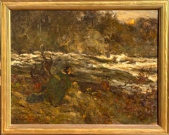 Pre-Raphaelite Maiden and Moonlit River, Castle Douglas, oil painting, signed