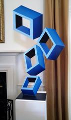 "4 Blue Boxes", illusion Sculpture, painted metal 40x23",