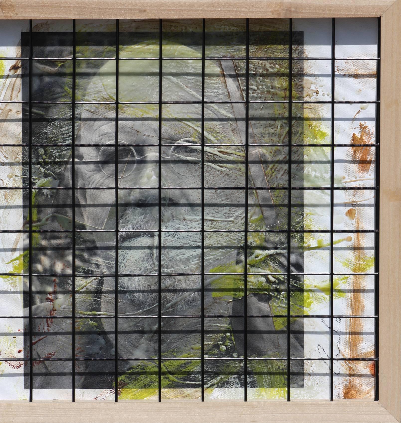 Triple Chuck Close, 15x41, Oil, encaustic, steel grid and archival pigments  - Gray Portrait Photograph by Ceravolo