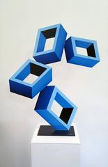 "4 Blue Boxes" illusion sculpture, painted metal, 29x24"