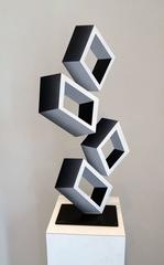 "4 White Boxes" , verticle illusion sculpture, painted metal