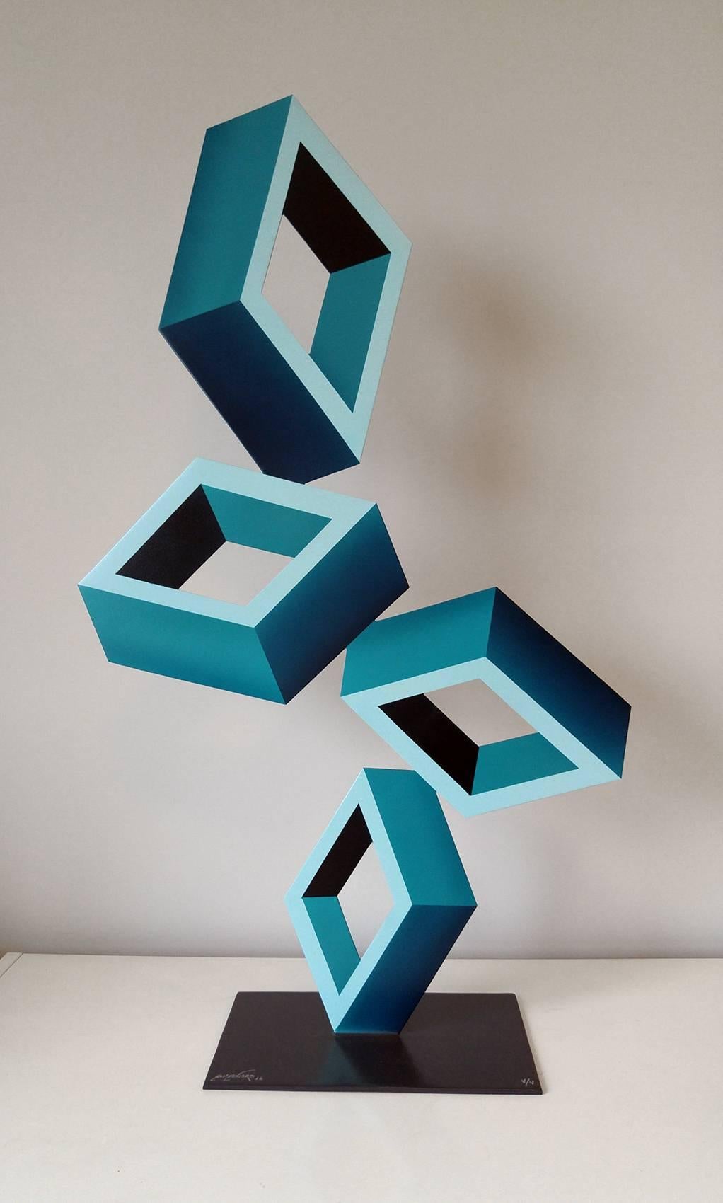 Sanseviero Abstract Sculpture - "4 Aqua Boxes" Illusion Sculpture, painted metal