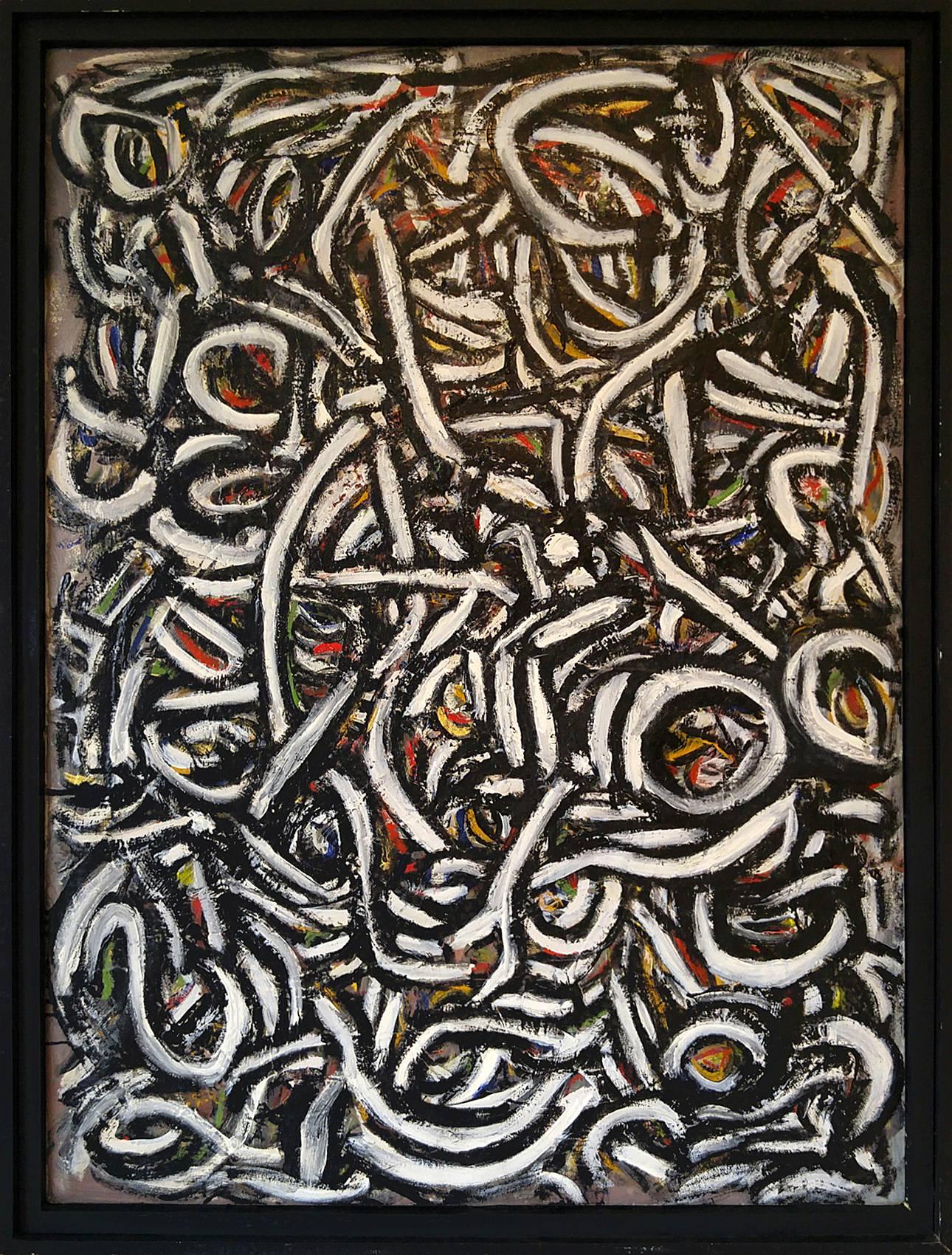 Harald Marinius Olson Abstract Painting - Untitled in Black and White with Red and Yellow,  43"x33"