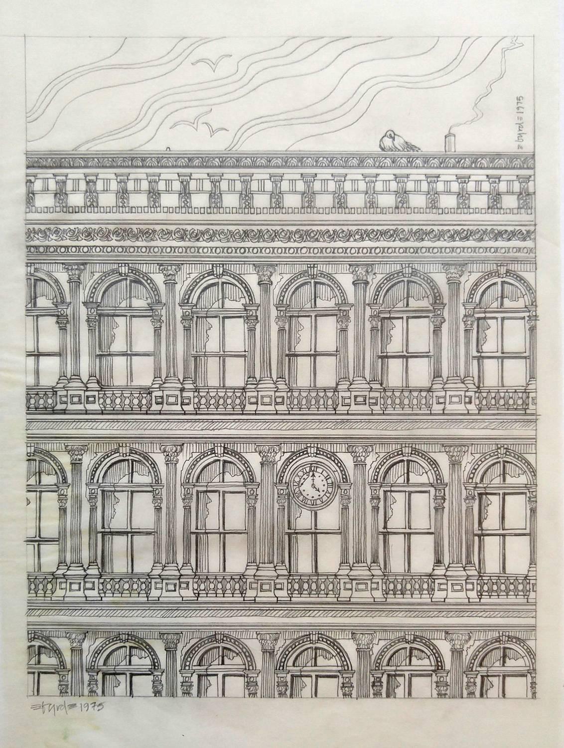 Haughwout Gebäude am Broadway und Broome, Original-Bleistift auf Perlmutt – Art von David Edward Byrd 