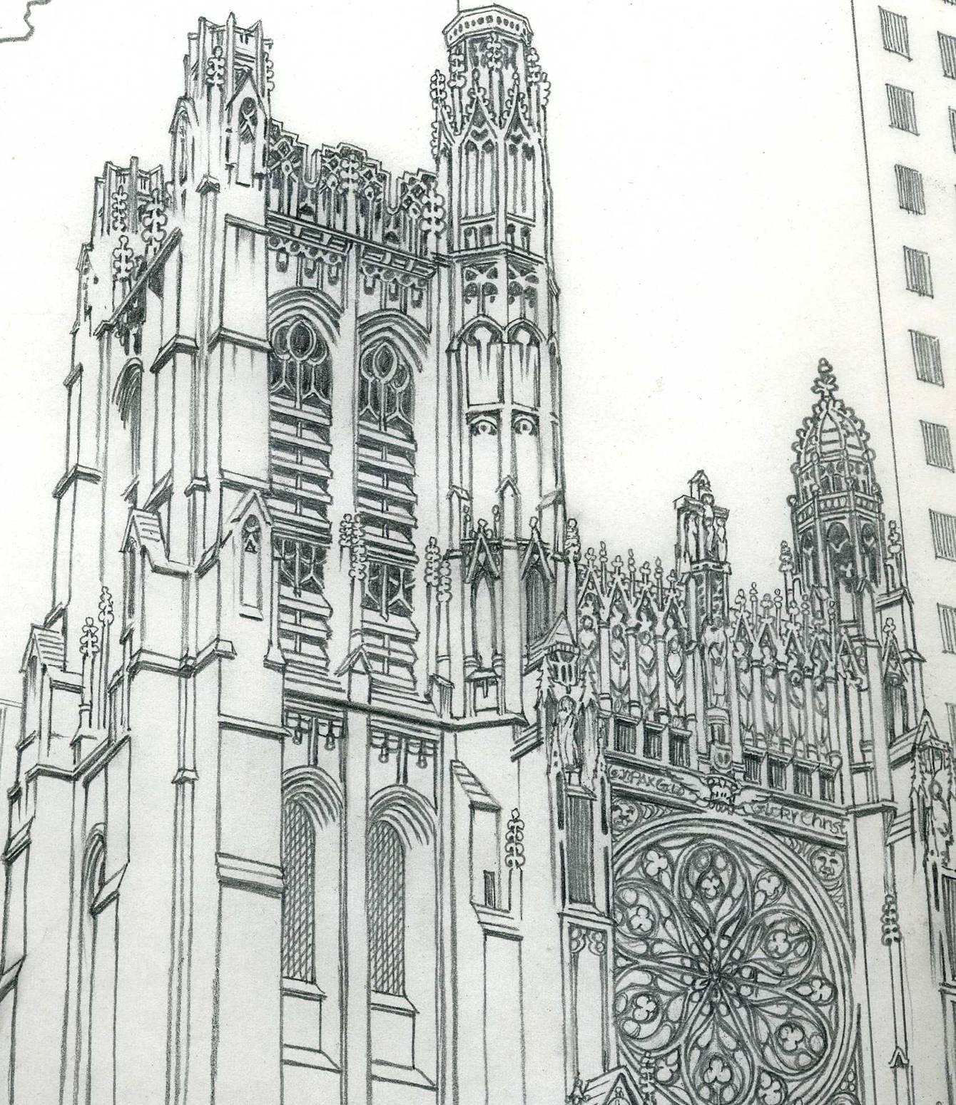 St Thomas Church 5th at 53rd, Originalzeichnung aus dem Manhattan Coloring Book von 1975