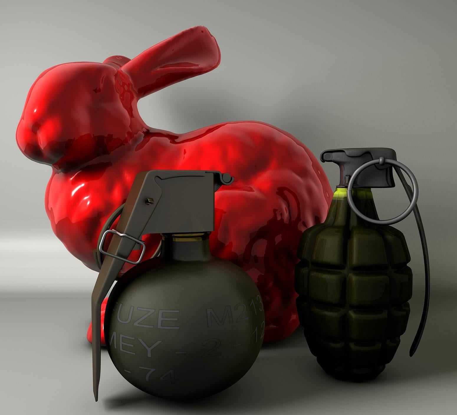 Joe Doyle Still-Life Print - "Red Rabbit with Hand Grenades", 54x60"  Digital pigmented ink on canvas