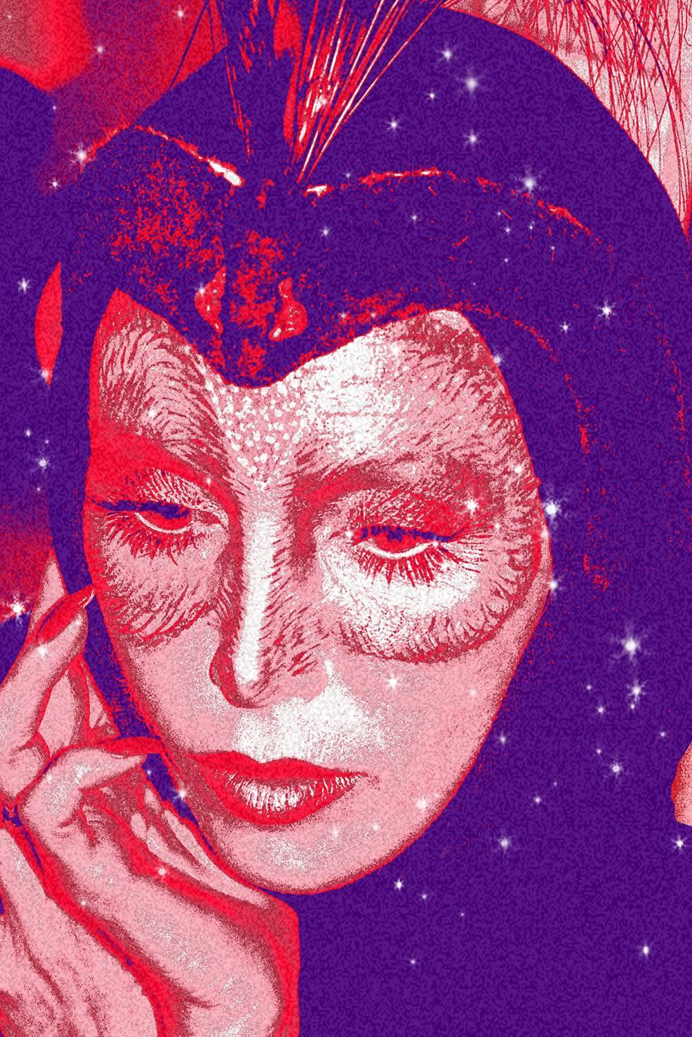""Der Nachtvogel Alison Steele" 46x30 Rot und Blau mit Diamantstaub, – Mixed Media Art von Ceravolo