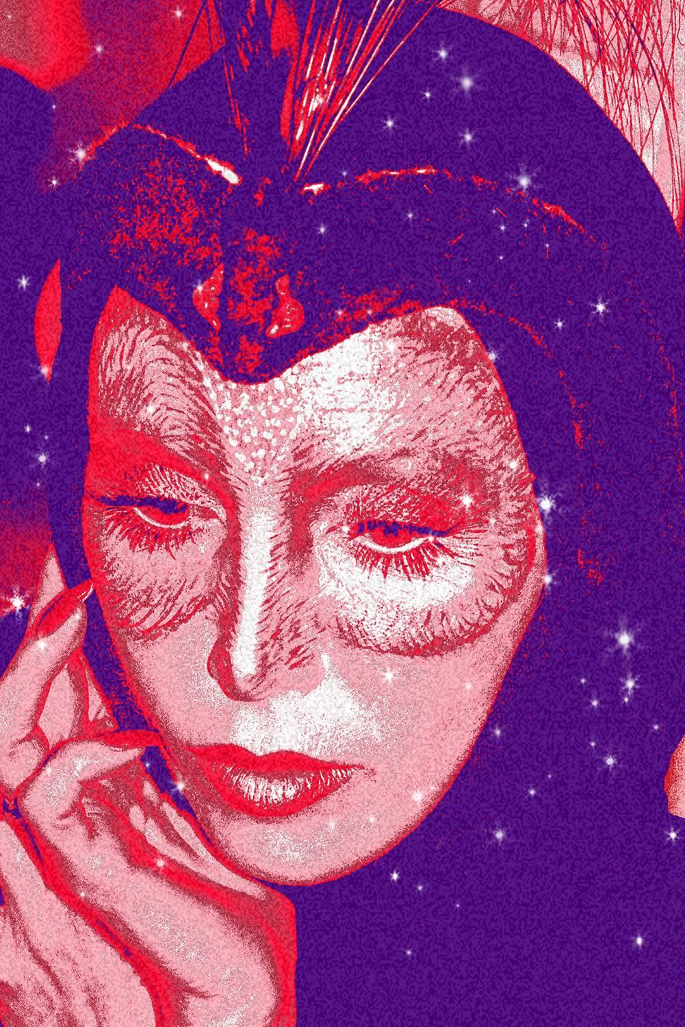 "The Night Bird Alison Steele" 46x30 rosso e blu con polvere di diamante, - Mixed Media Art di Ceravolo