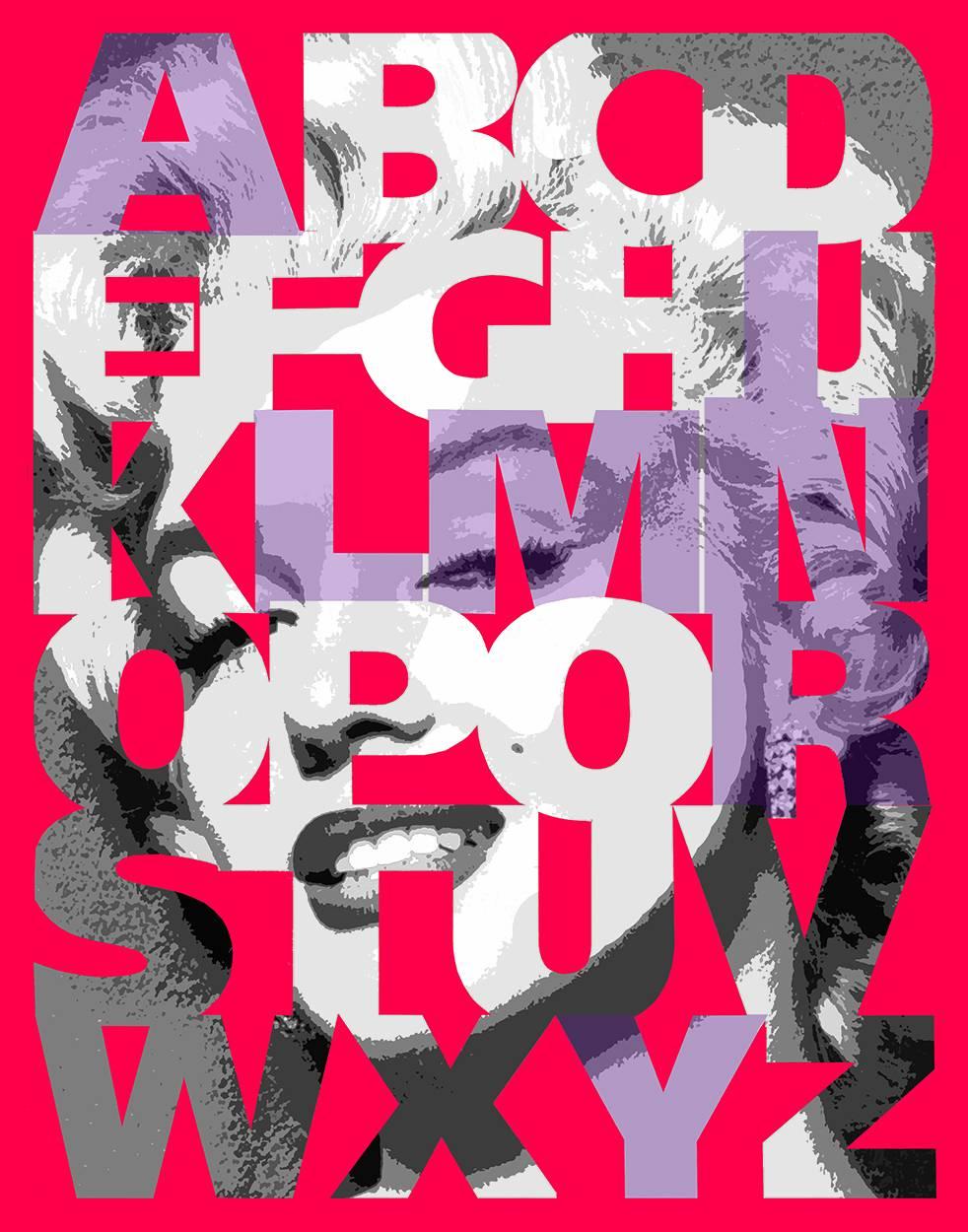 « Alphabet Marilyn »  Violet/rose vif sur les épaules, 38x31 po.  - Pop Art Painting par Ceravolo