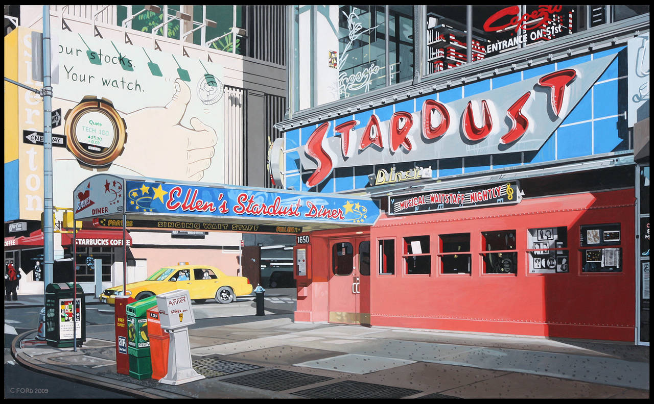 Ellen's Stardust New York City, 22x36" Acrylic on Masonite - Painting by Charles Ford