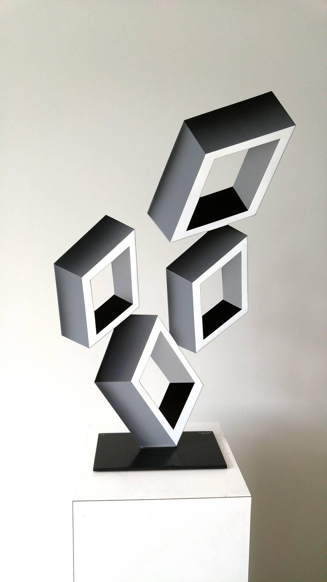 Sanseviero Abstract Sculpture - "4 White Boxes", illusion sculpture, painted metal