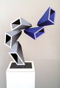 "5 two-toned elongated boxes" illusion sculpture, painted metal 2016