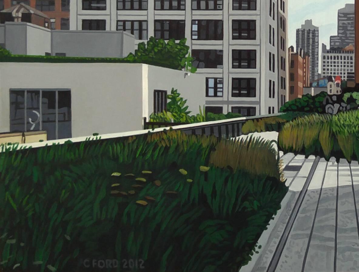 „The Highline-Landschaft 245 10th Ave“ Acryl auf Masonit (Realismus), Painting, von Charles Ford