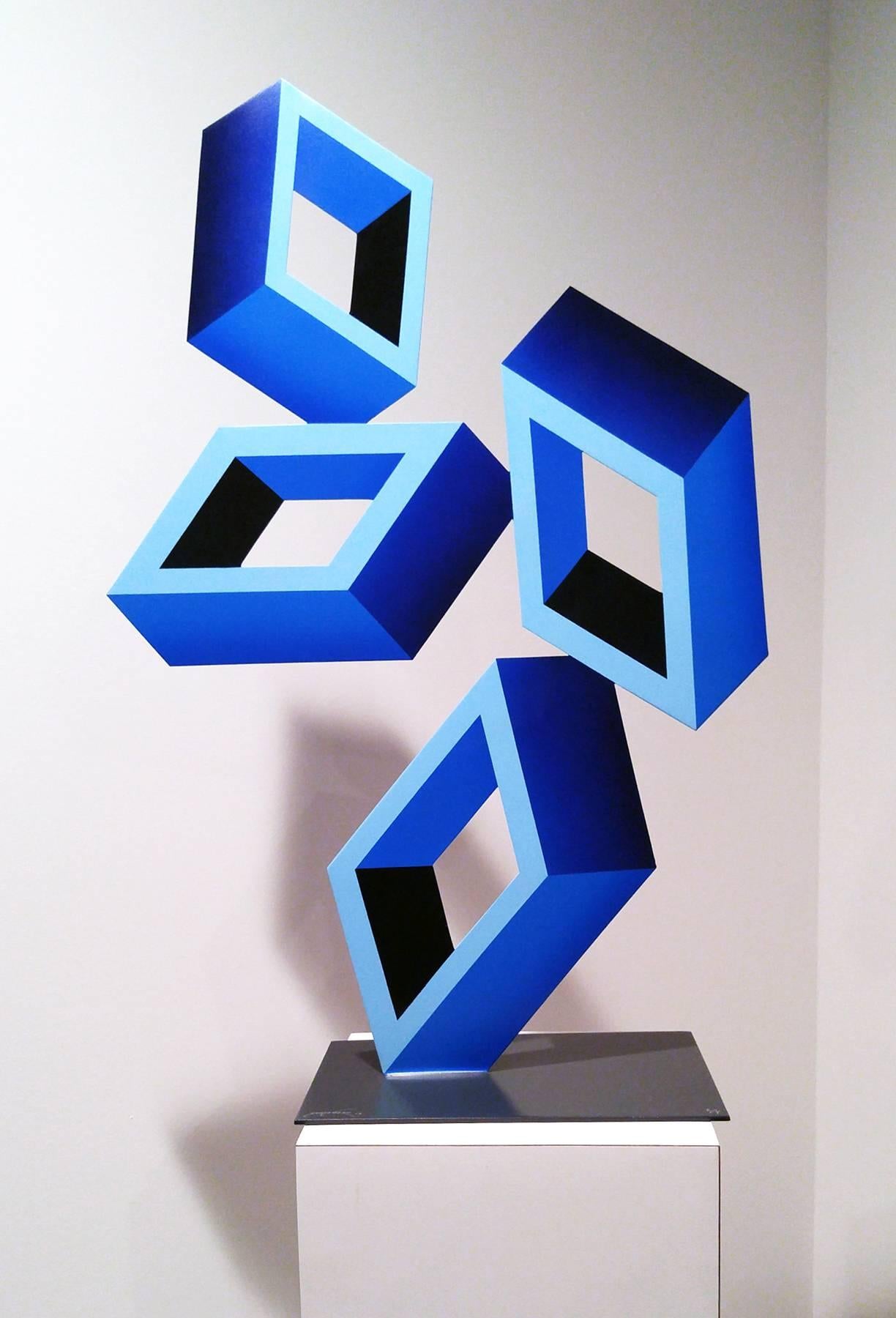 Sanseviero Abstract Sculpture - "4 Blue Boxes", illusion sculpture, painted metal