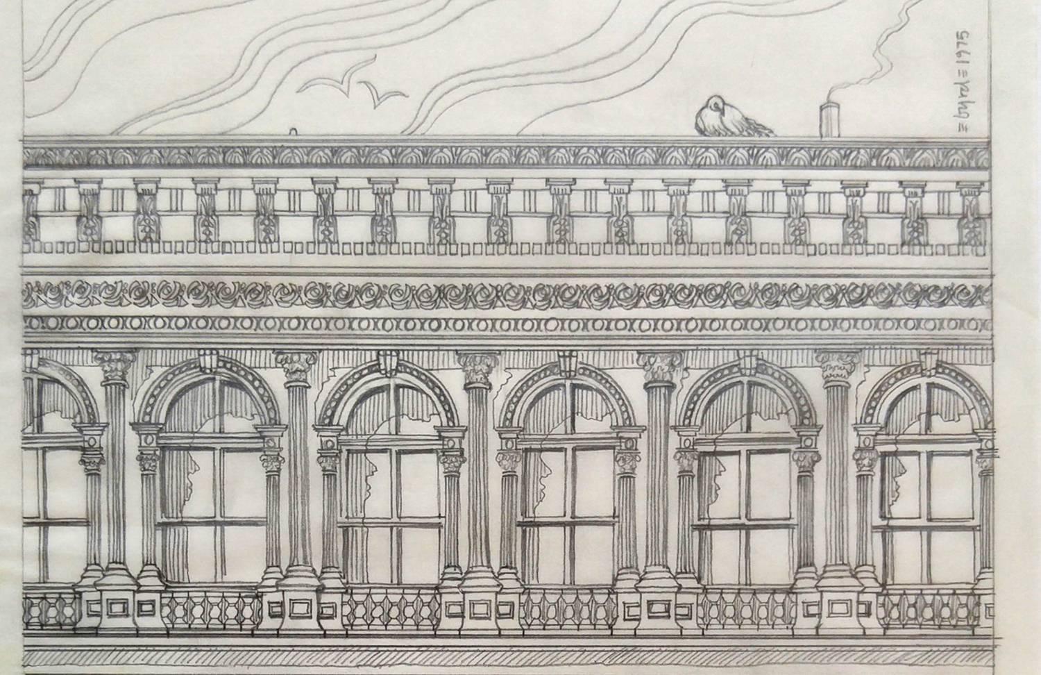 Haughwout Gebäude am Broadway und Broome, Original-Bleistift auf Perlmutt (Realismus), Art, von David Edward Byrd 