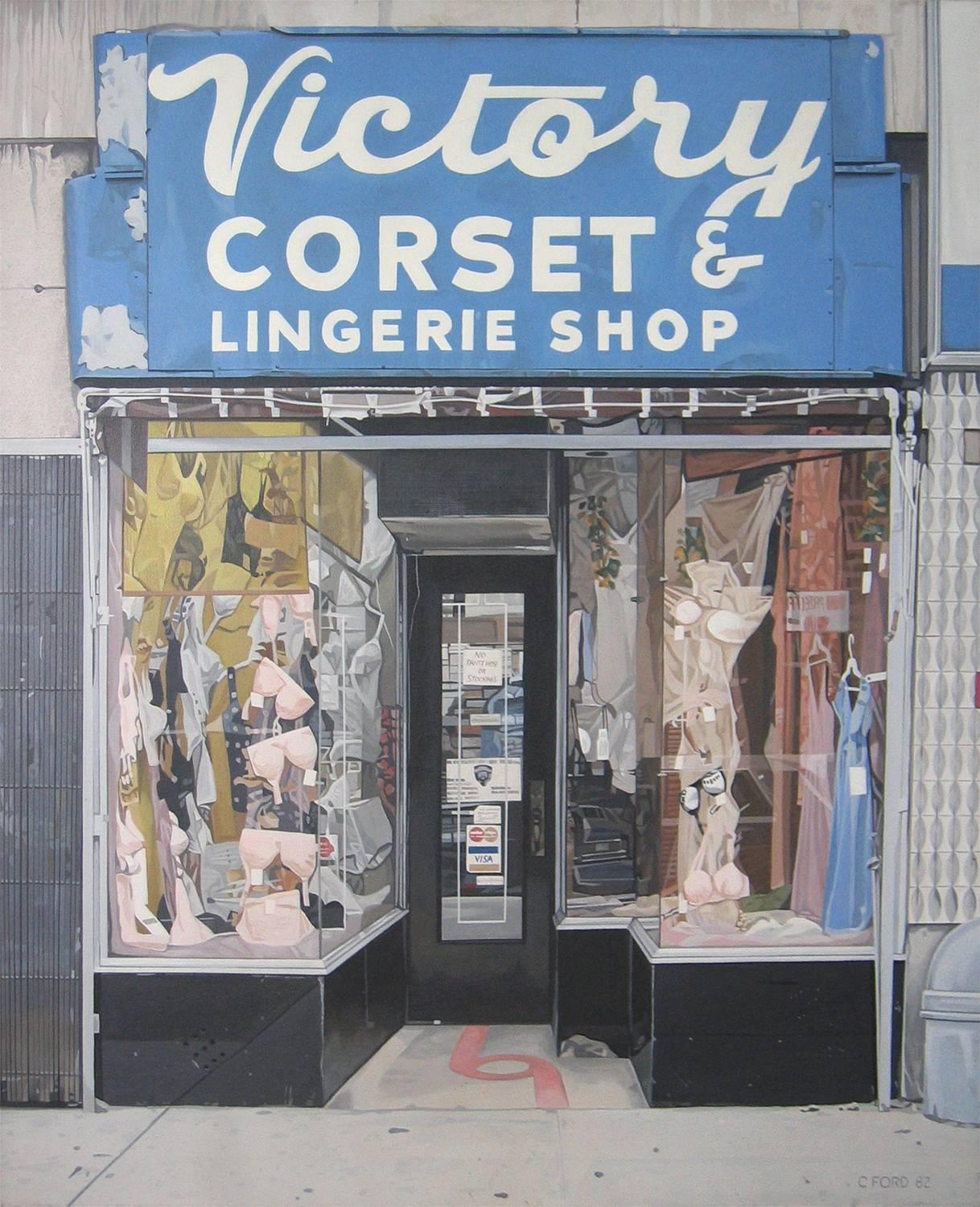 Charles Ford Still-Life Painting – Victory Corset Shop, Acryl auf Leinwand, 36x30 Vintage New York City Bild