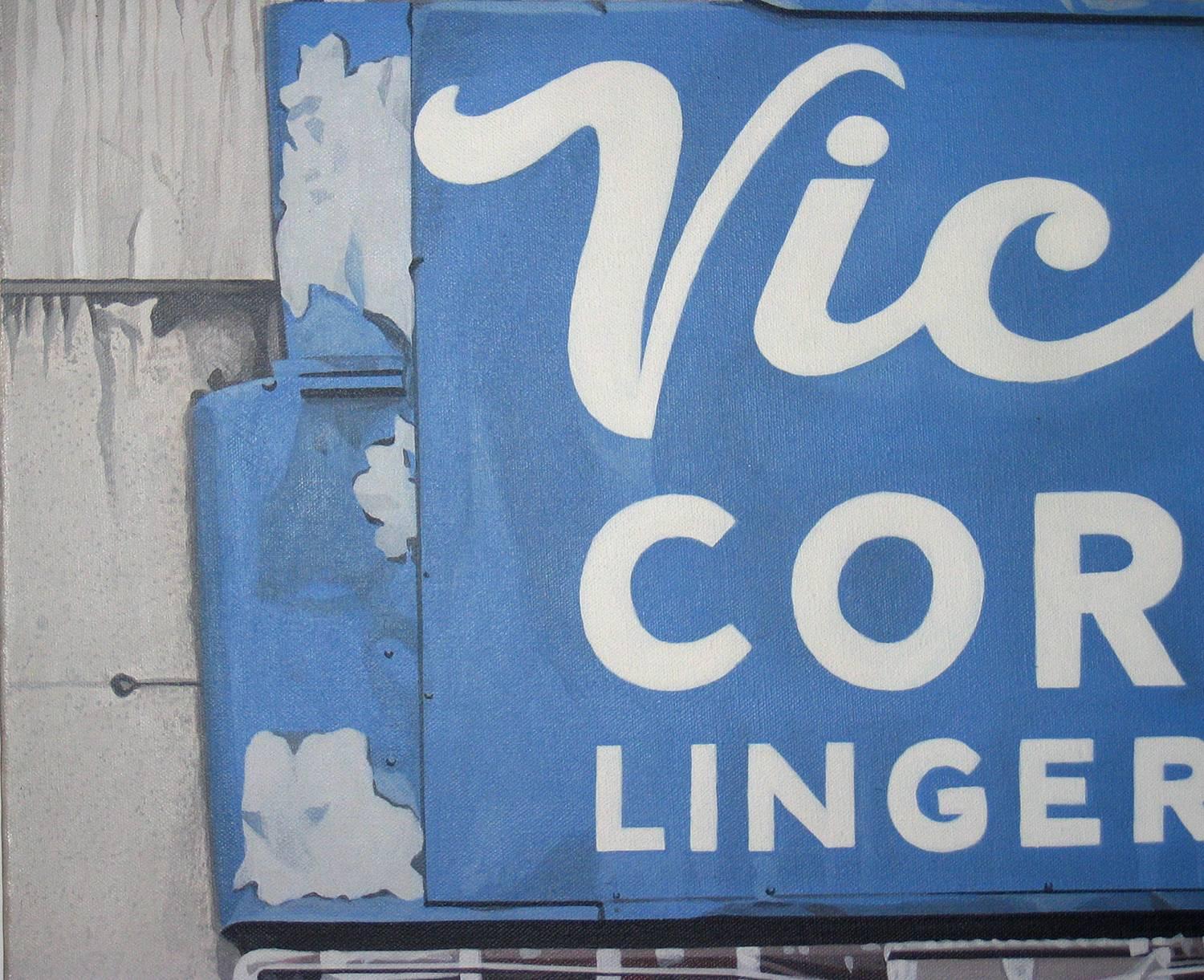 Victory Corset Shop, Acryl auf Leinwand, 36x30 Vintage New York City Bild – Painting von Charles Ford
