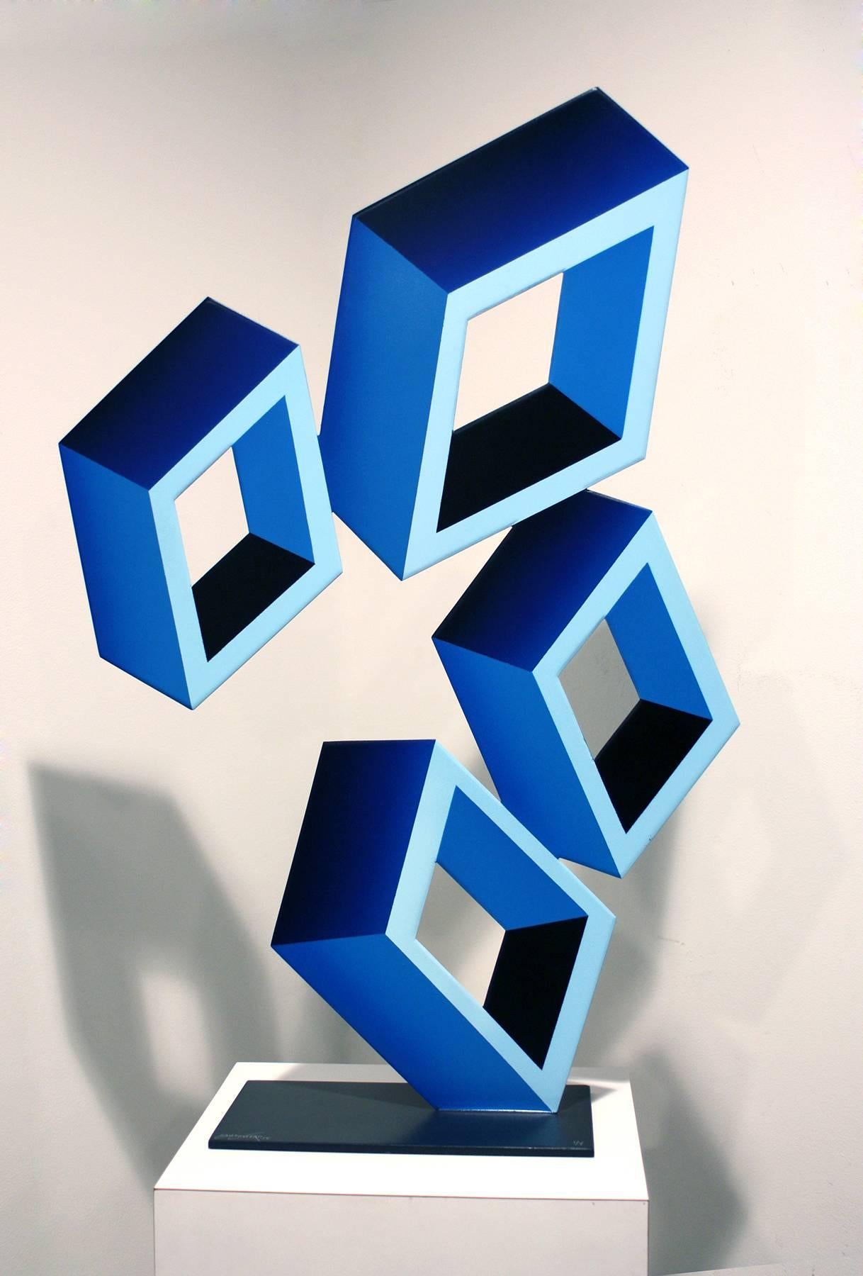 Sanseviero Abstract Sculpture - "4 Blue Boxes", illusion Sculpture, painted metal
