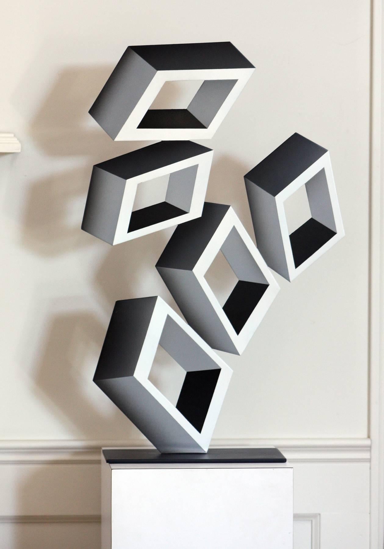 Sanseviero Abstract Sculpture - "5 White Boxes", Painted Metal, illusion sculpture