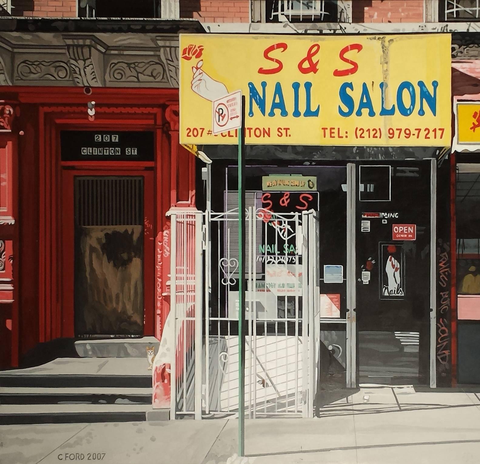 New York Nail Salon, 17x26 Zoll, Acryl auf Masonit  – Painting von Charles Ford