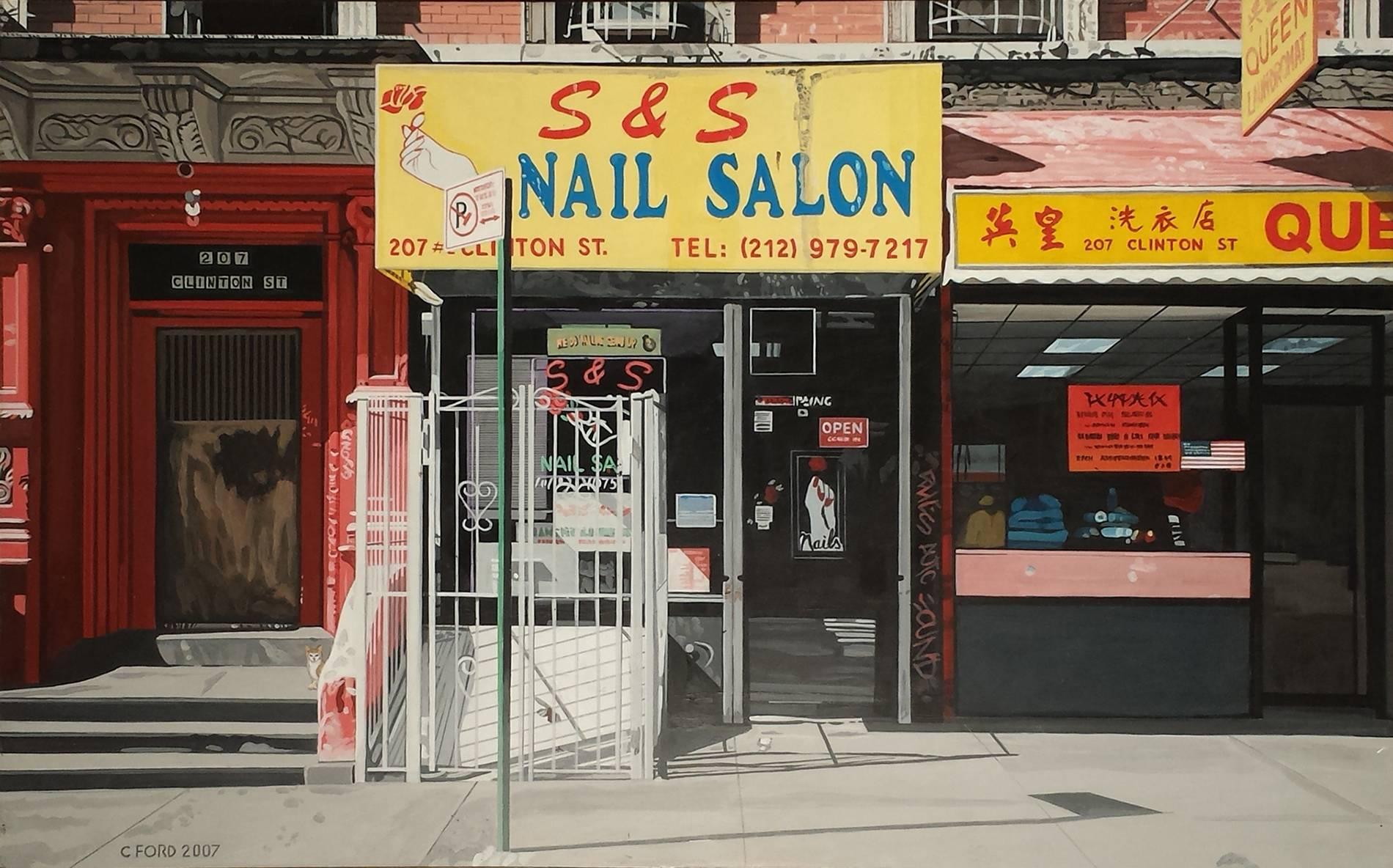 New York Nail Salon, 17x26 Zoll, Acryl auf Masonit 