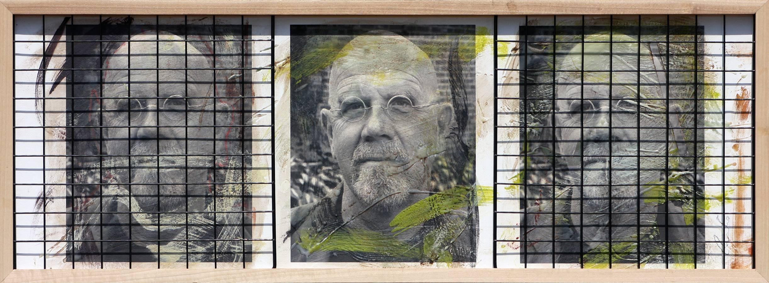 Ceravolo Portrait Photograph - Triple Chuck Close, 15x41, Oil, encaustic, steel grid and archival pigments 