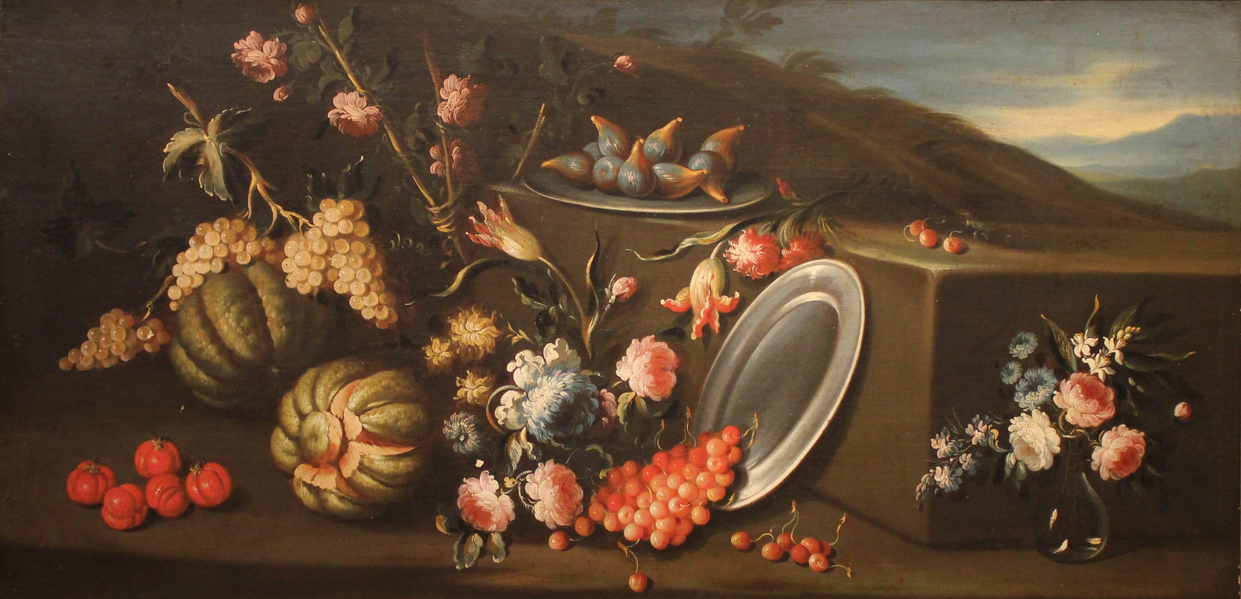Attr. Giuseppe Pesci (Parma?-1722) 
"Still Life with Grapes" ca. 1720
Oil on Canvas
42" x 77" inches framed
34" x 68" inches unframed

Refined in his creations, the Giuseppe Pesci elegantly expresses his adherence to the rocaille taste of northern