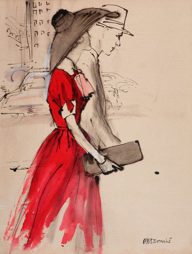 René Bouché Figurative Art - 1950’s Fashion- Red Dress- New York