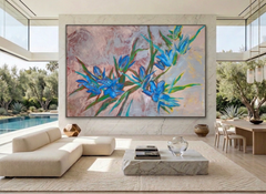 Azure Resonance Abstract Floral Oil Painting on Canvas, Signed, XXXL