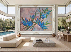 Azure Resonance Abstract Floral Oil Painting on Canvas, Signed, XXXL