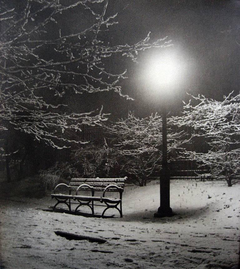 John Albok Black and White Photograph - Central Park (Bench in Snow)