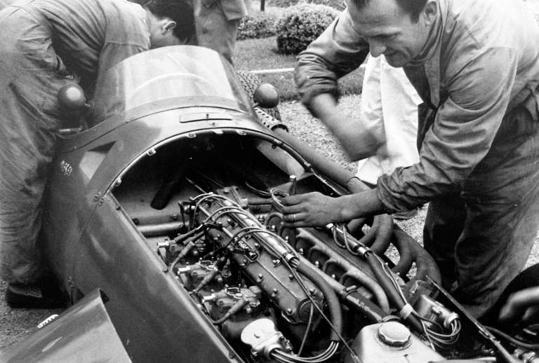 Jesse Alexander Black and White Photograph - Maserati 250F, Maserati Mechanics, Monza, Italy
