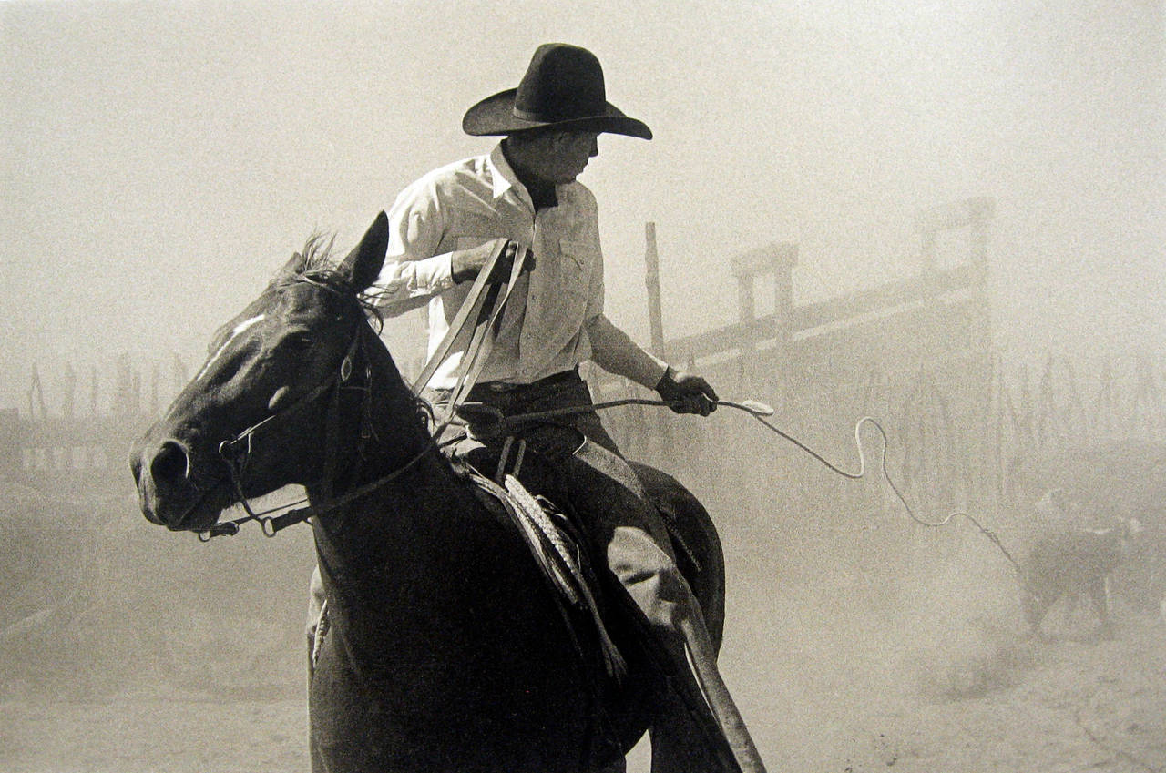 Untitled (Roper at Bell Ranch) zeigt einen Cowboy auf einem Pferd. Der Cowboy ist dem Betrachter abgewandt und blickt über seine Schulter zurück auf das Seil, das zu einem kleinen Kalb in der Ferne führt. Die staubige Luft bewölkt den Hintergrund