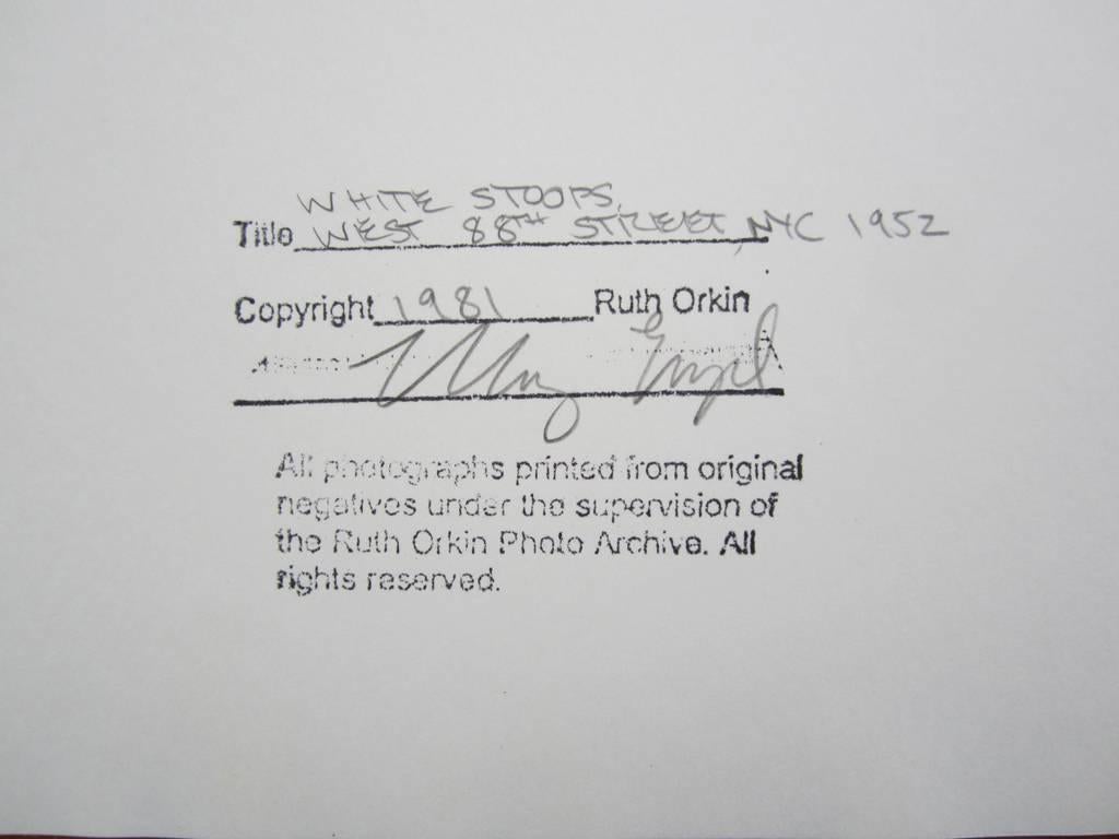 Blind stamp on print margin.
Signed by estate, titled, dated and copyright date in pencil on artist stamp.
Paper size: 11 x 14 in. Image size: 10 x 11 1/2 in.

Ruth Orkin (1921 - 1985) was an American photojournalist and filmmaker. Orkin