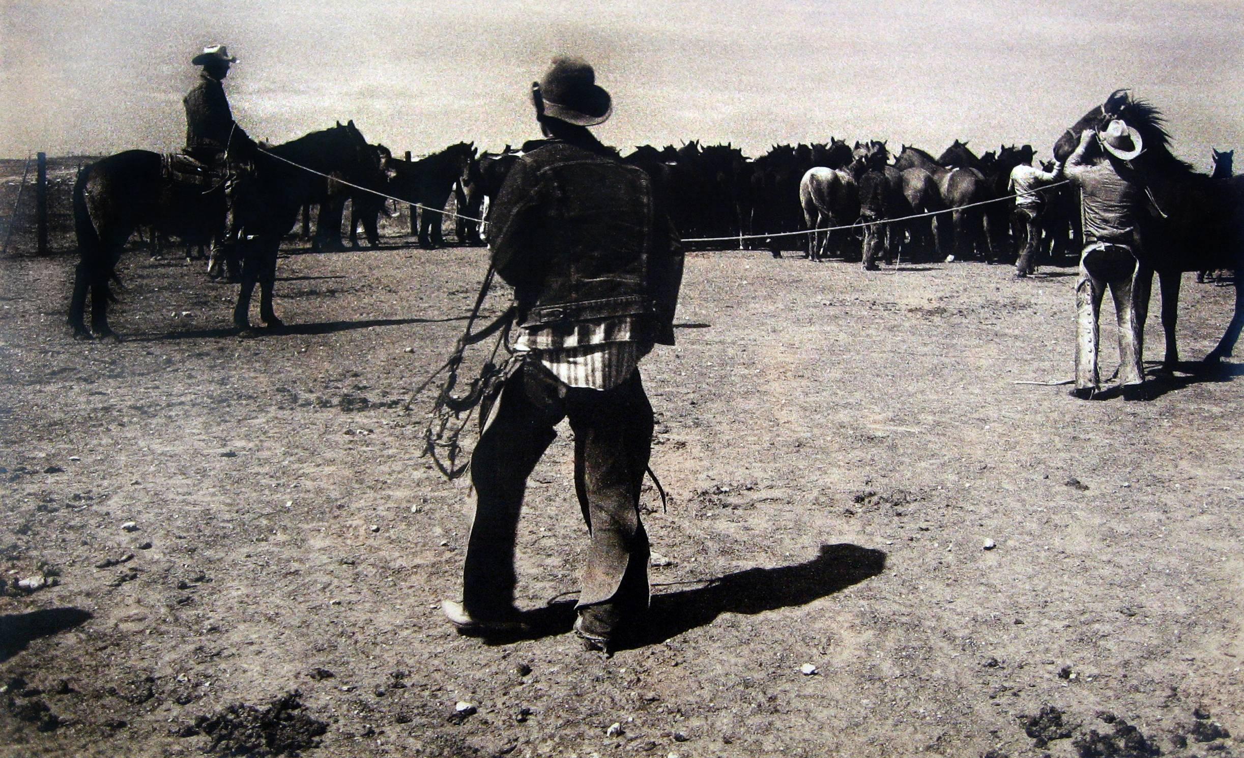 Bank Langmore Black and White Photograph - Untitled (Cowboys with Rope and Horses)