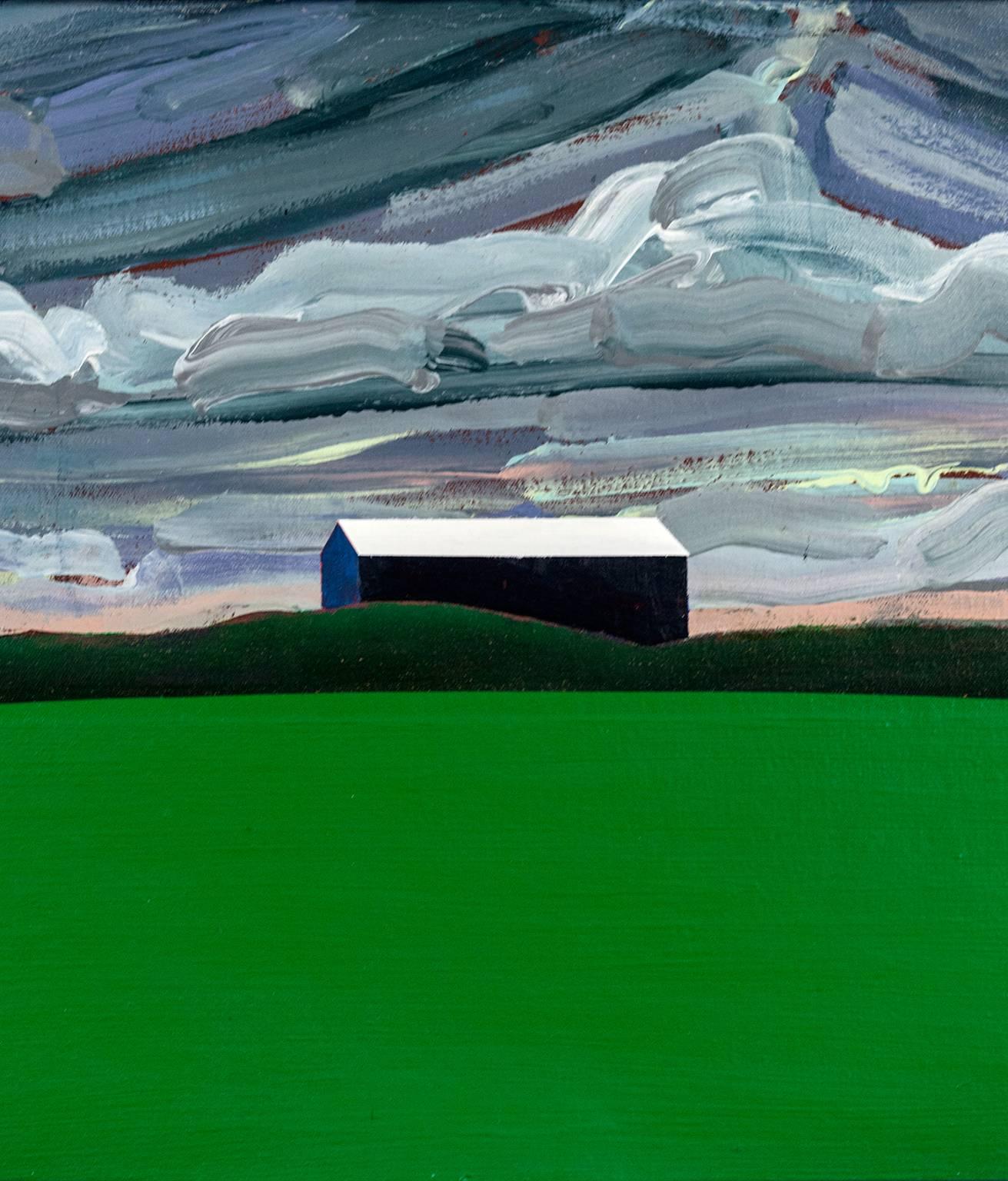 Blue Barn, Green Field - Painting by Charles Pachter